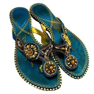 John Fashion Colorful Turquoise Flip Flop Low Heel Boho Sandals